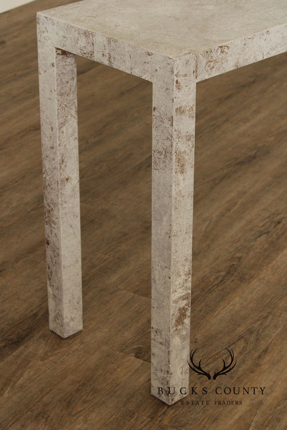 Mid Century Modern Cerused Painted Pair Of Burl Wood Parsons Console Tables