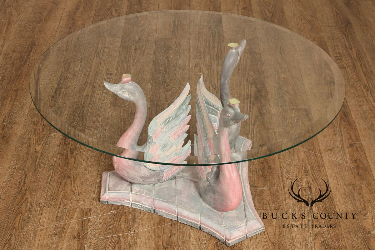 Hollywood Regency Style Swan Form Round Glass Top Center Table