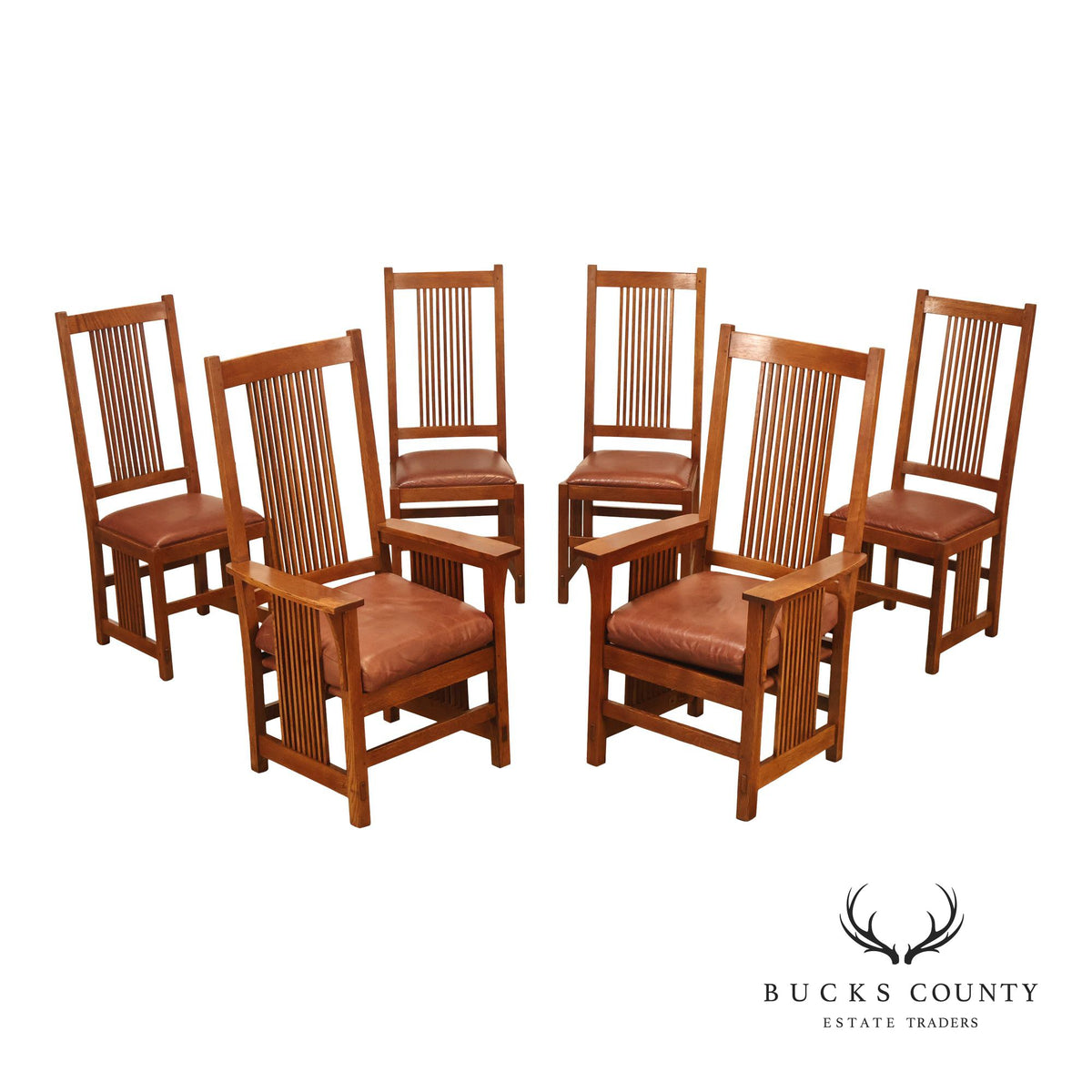 Stickley Mission Collection Set Of Six Oak Spindle Dining Chairs