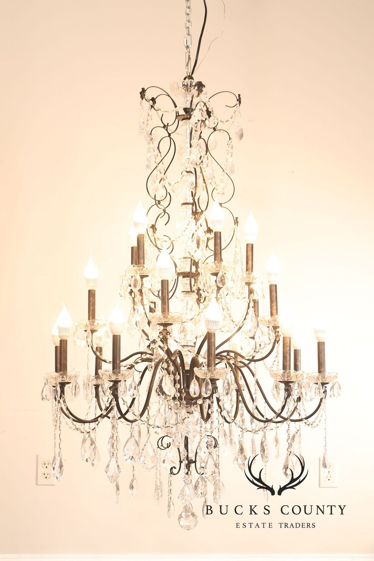 Large Twenty-Light Crystal And Wrought Iron 55" Chandelier