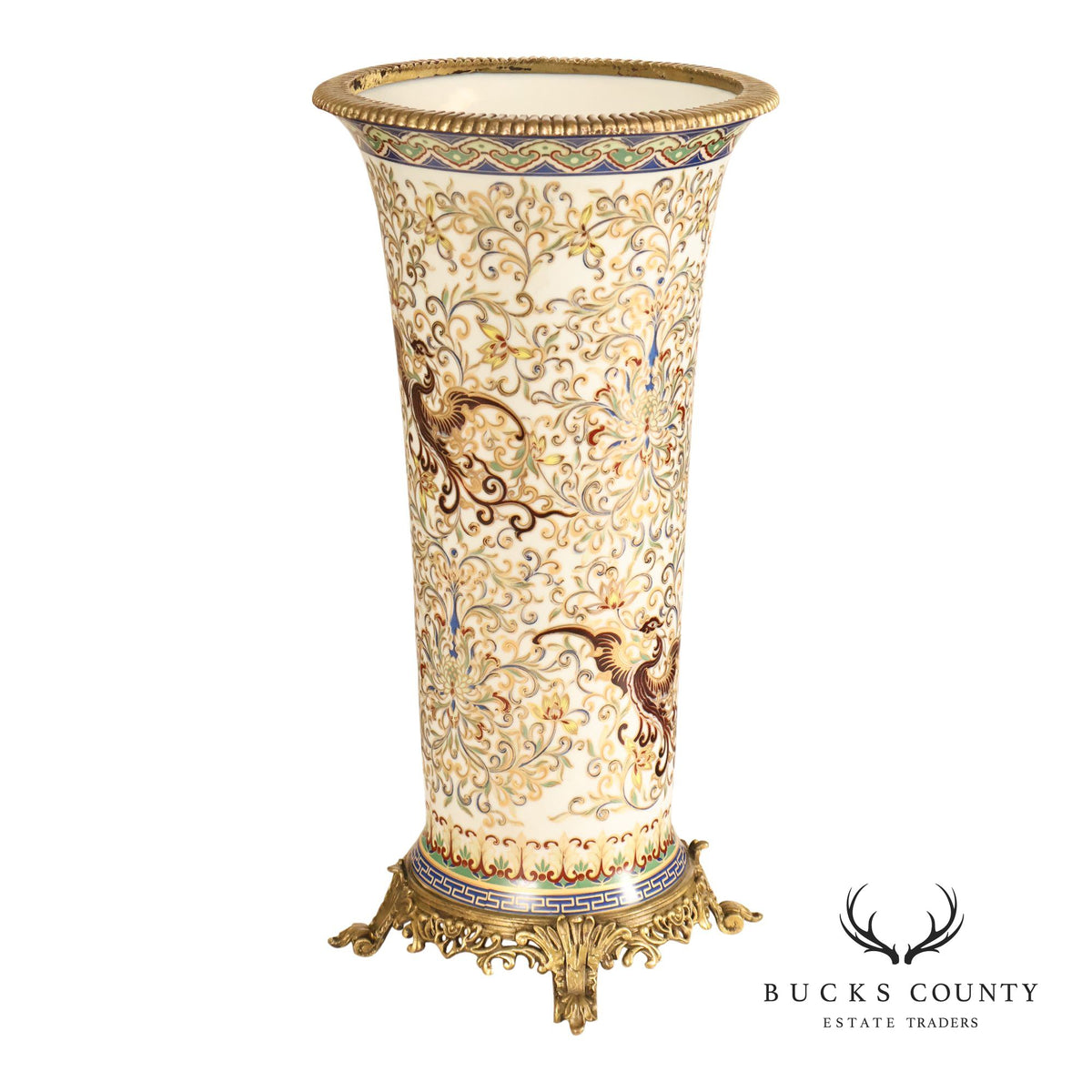 Hand Painted Porcelain Decorative Vase with Gilded Metal Base and Cap