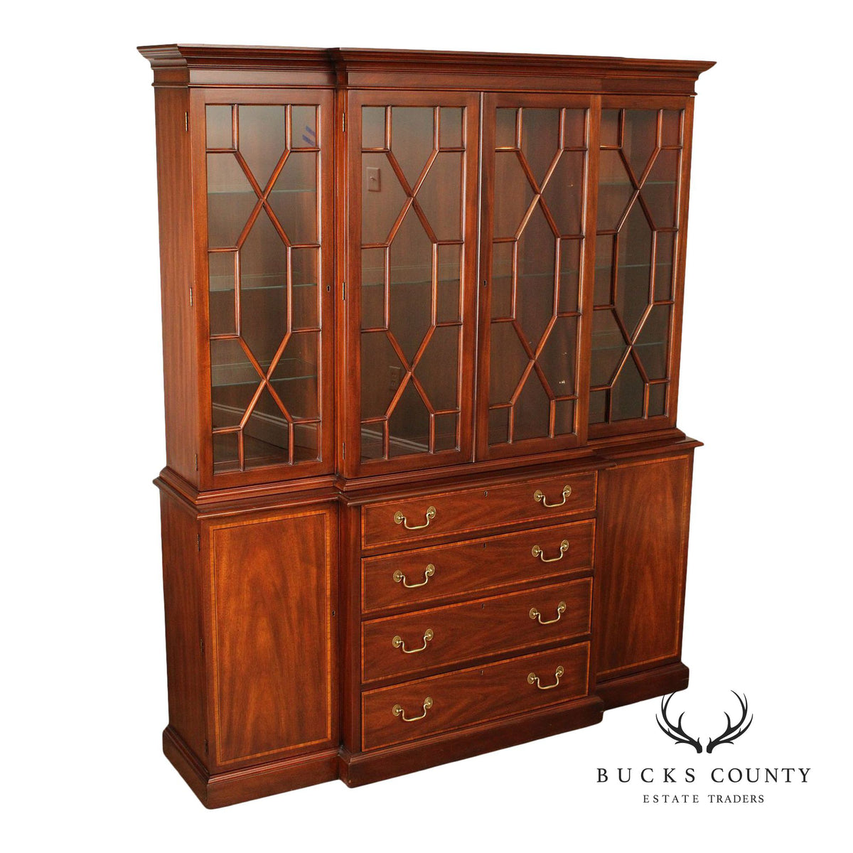 Henkel Harris Georgian Style Inlaid Mahogany Breakfront Bookcase