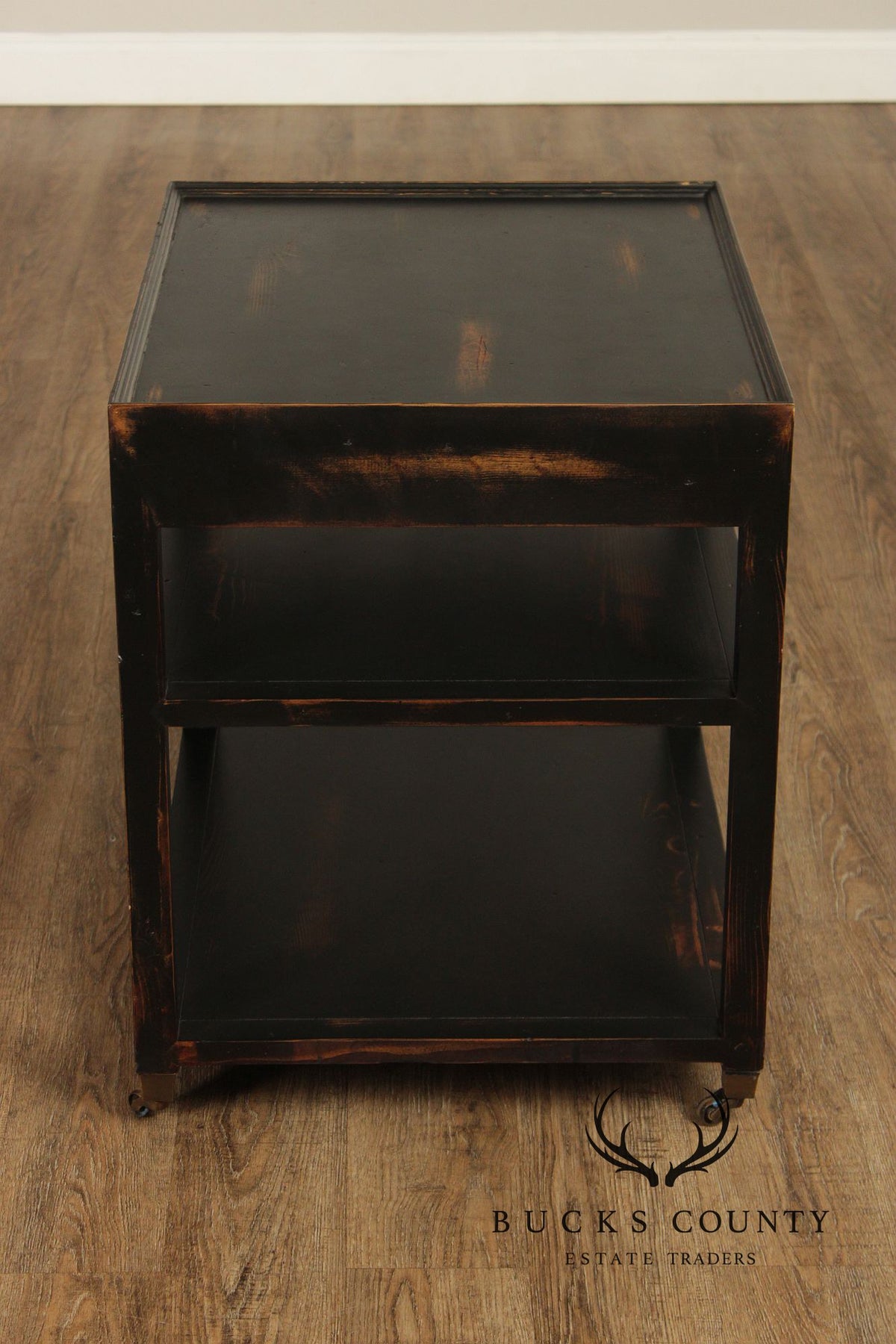 Industrial Style Pair of Ebonized Rolling End Tables