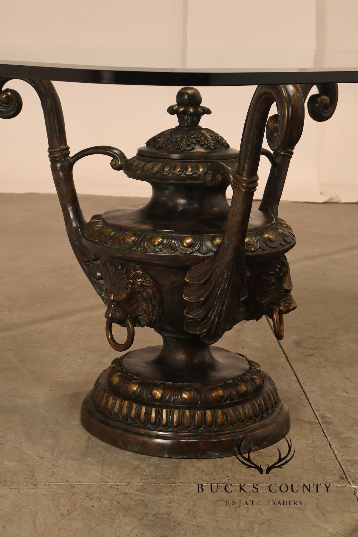 Monumental Brass Urn Form Double Pedestal Glass Top Dining Table