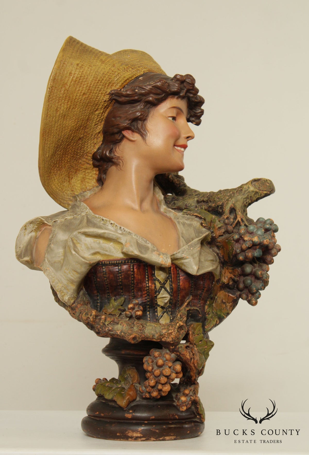 Vintage Bust of Maiden Carved Sculpture, 'Lady of the Grapes'