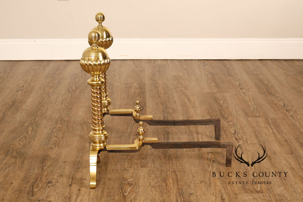 Georgian Style Pair of Polished Brass Fireplace Andirons