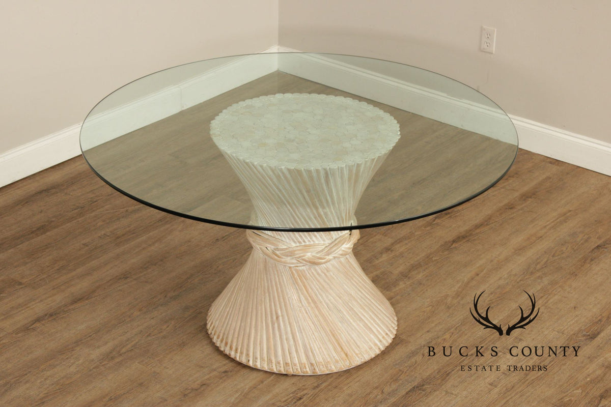 Hollywood Regency Rattan Wheat Sheaf Round Glass Top Pedestal Dining Table