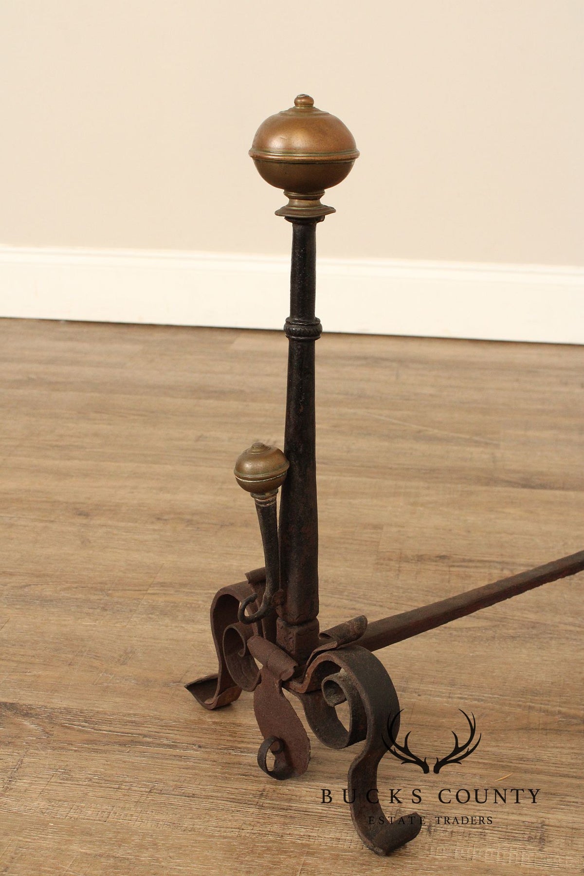 Antique Pair of Forged Iron and Brass Fireplace Andirons