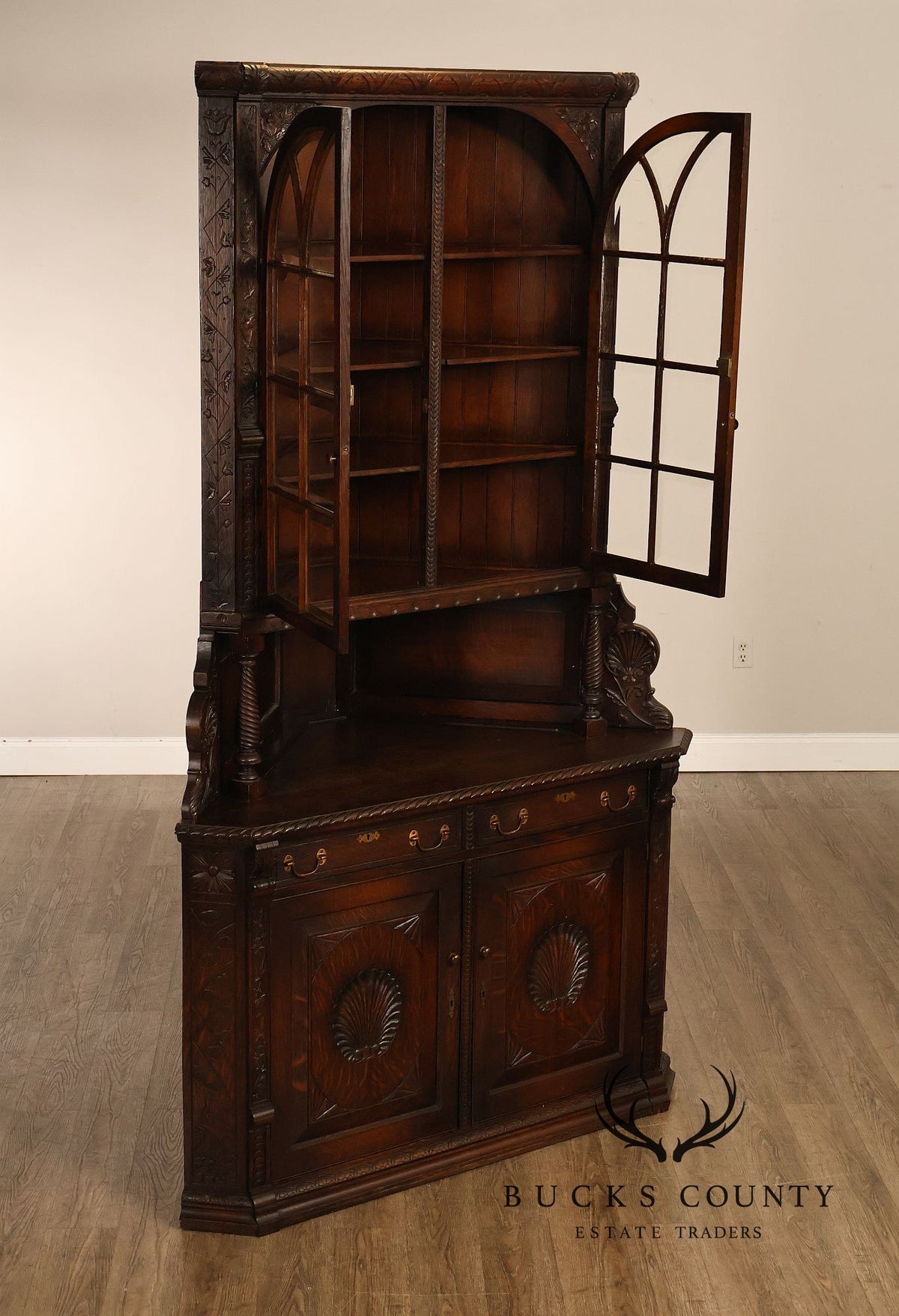 Antique RJ Horner Style Victorian Carved Oak Corner Cabinet