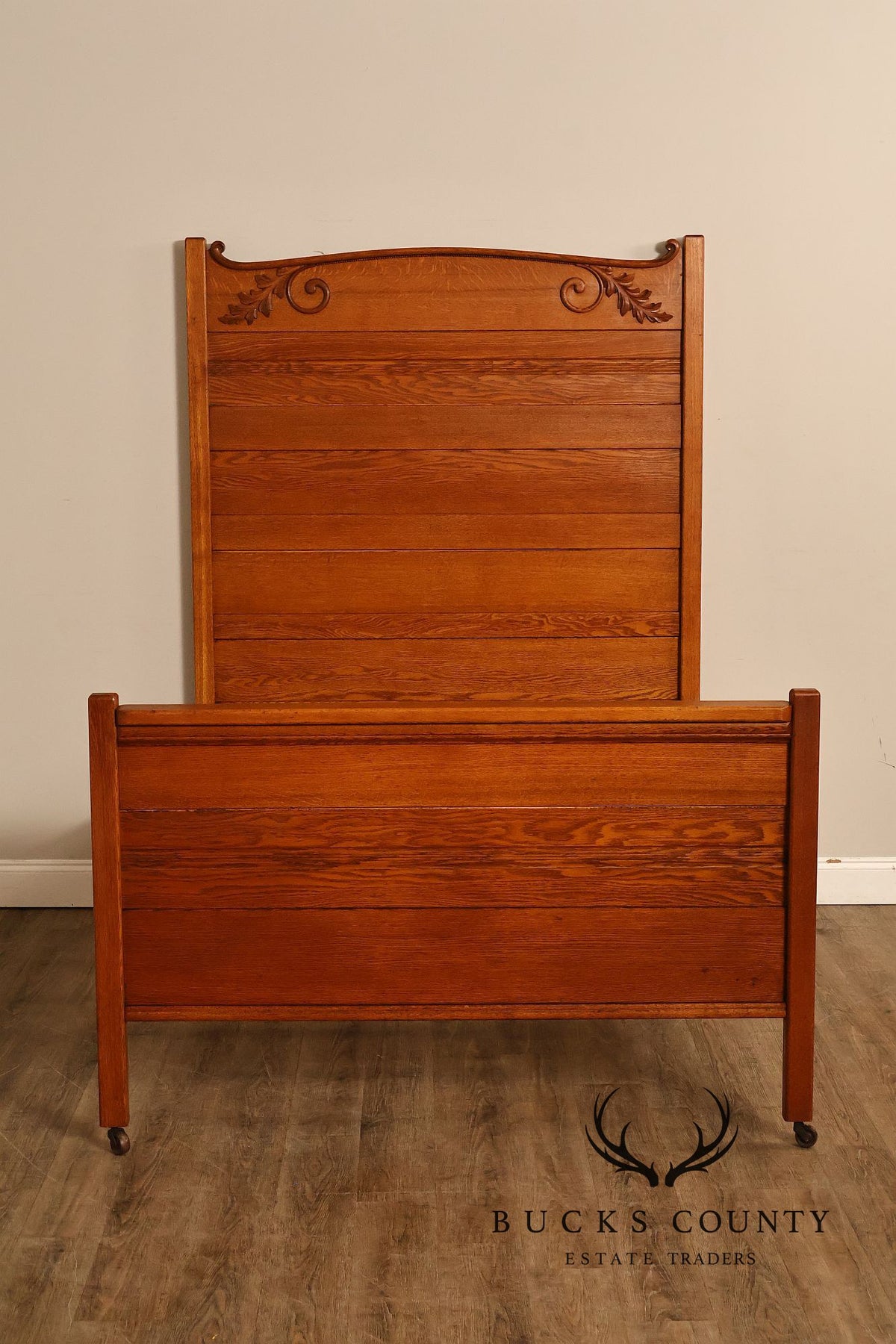 Antique American Victorian Oak Full Size High Back Bed