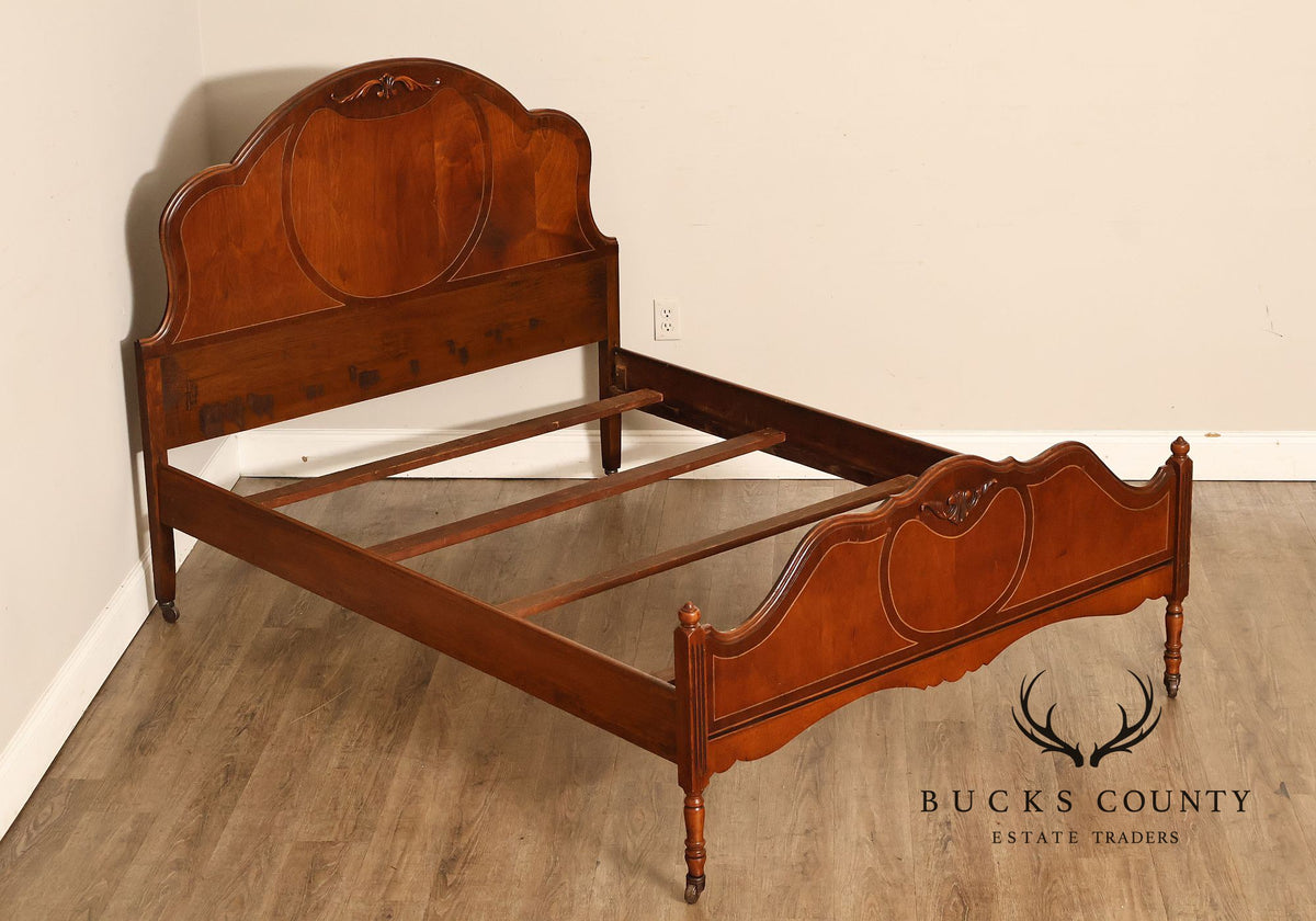 Antique Victorian Walnut Full Size Bedframe With Carved Floral Accents And Decorative Inlay