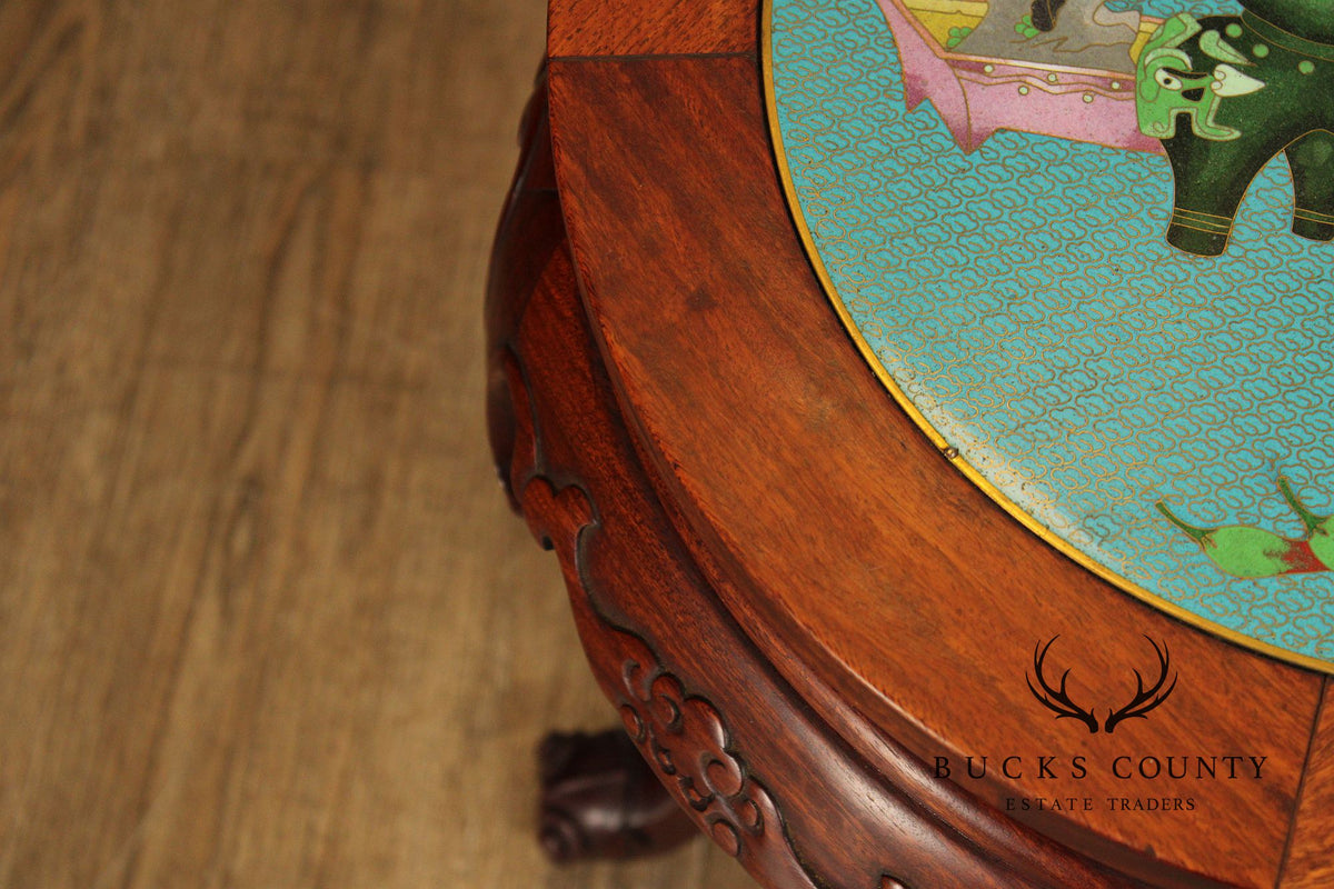 Pair of Chinese Style Cloisonné Inset Top Hardwood Accent Tables