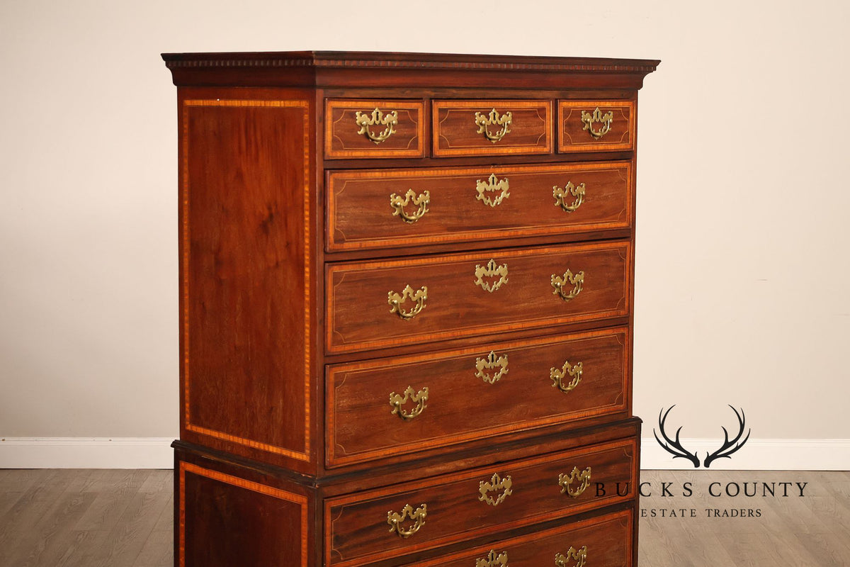 Antique Georgian Style Inlaid Mahogany Chest On Chest