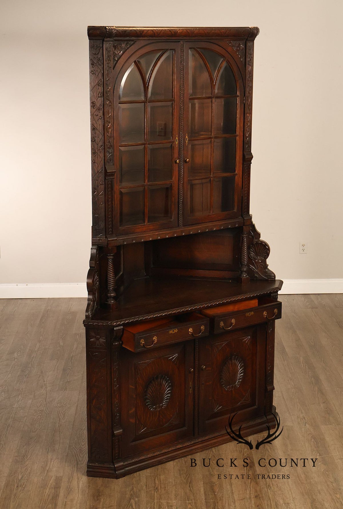 Antique RJ Horner Style Victorian Carved Oak Corner Cabinet