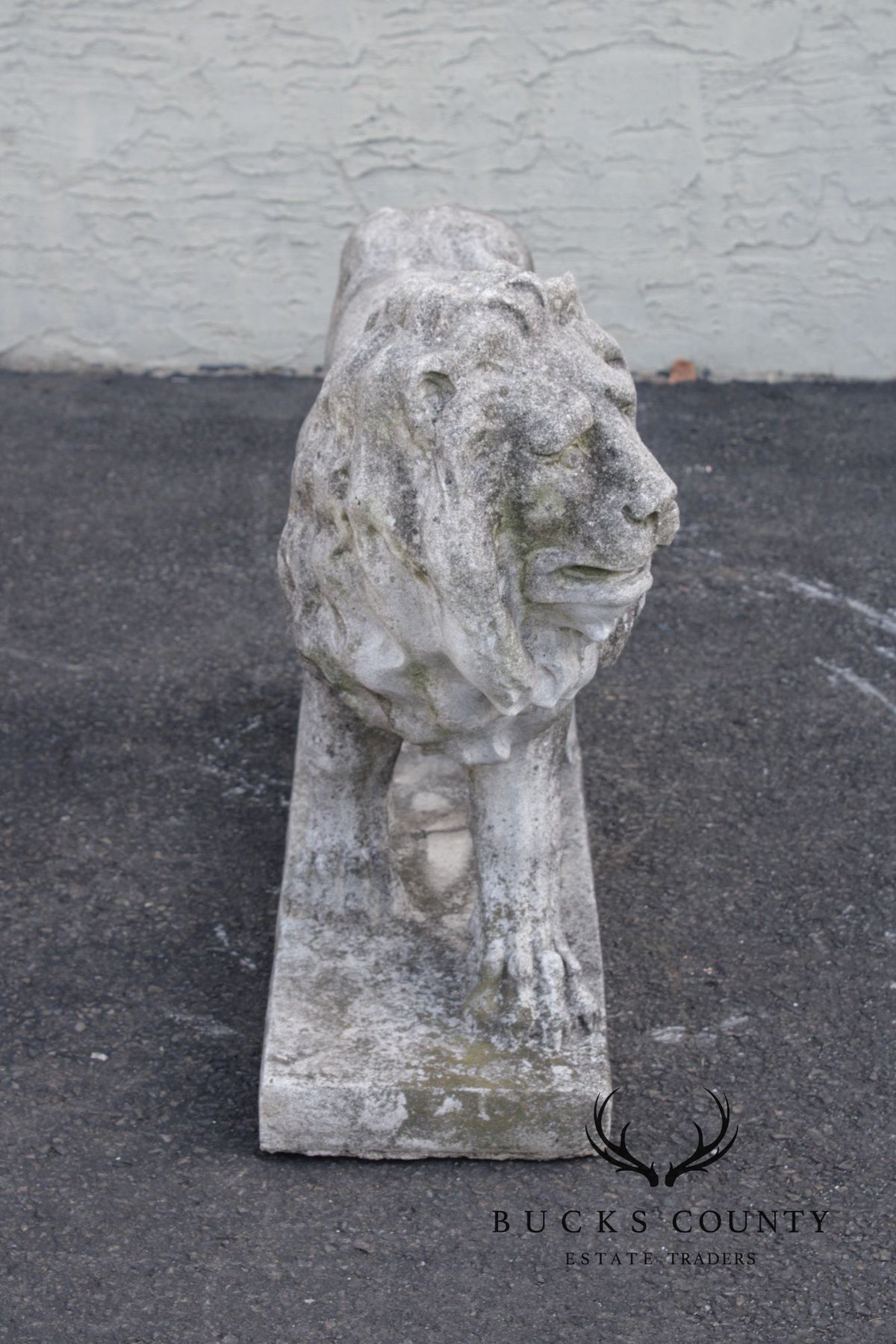 Vintage Pair Of Cast Stone Standing Lion Garden Statues