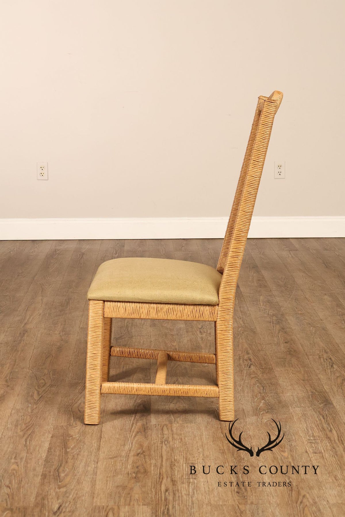 Vintage Wicker Set Of Six Dining Chairs With Upholstered Seats
