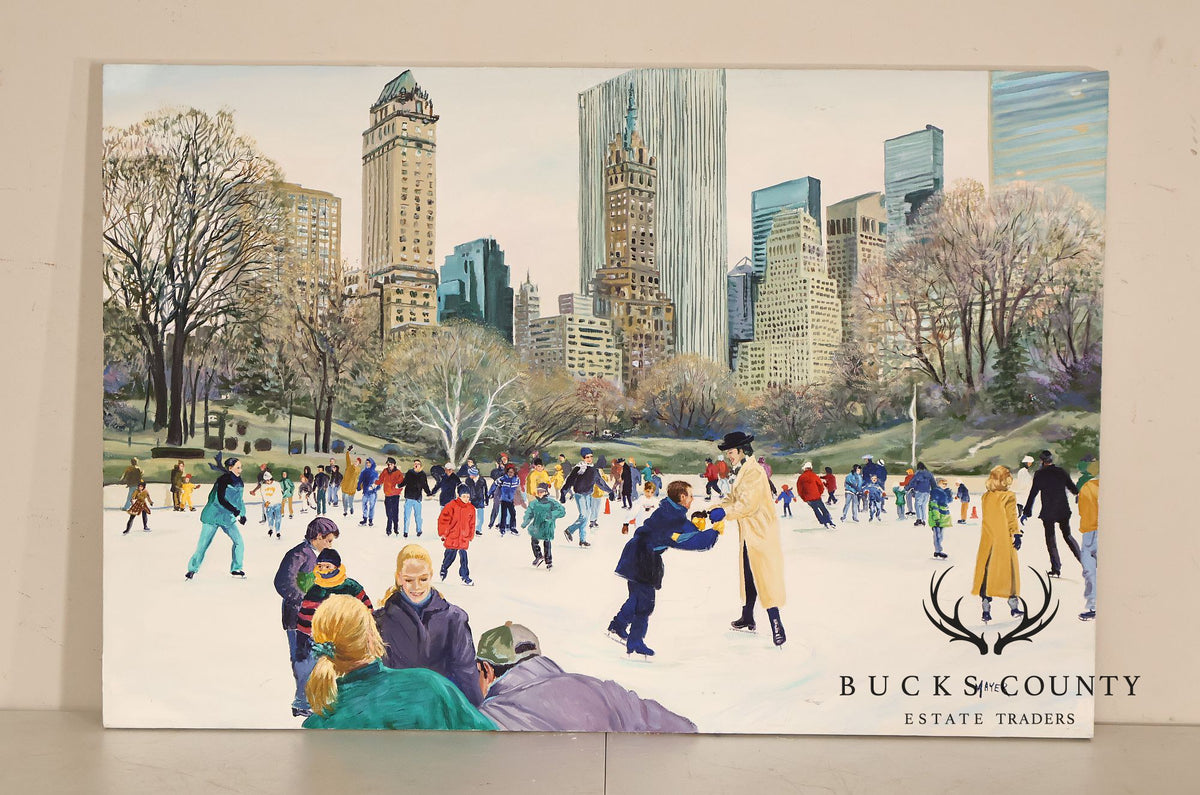 Ruth Mayer Central Park Ice Skating Landscape Original Oil Painting On Canvas
