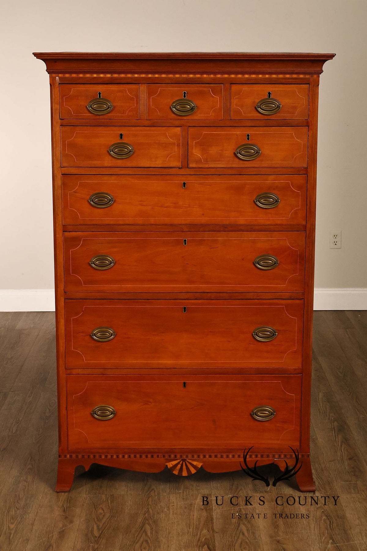 Antique Hepplewhite Inlaid Cherry Tall Dresser