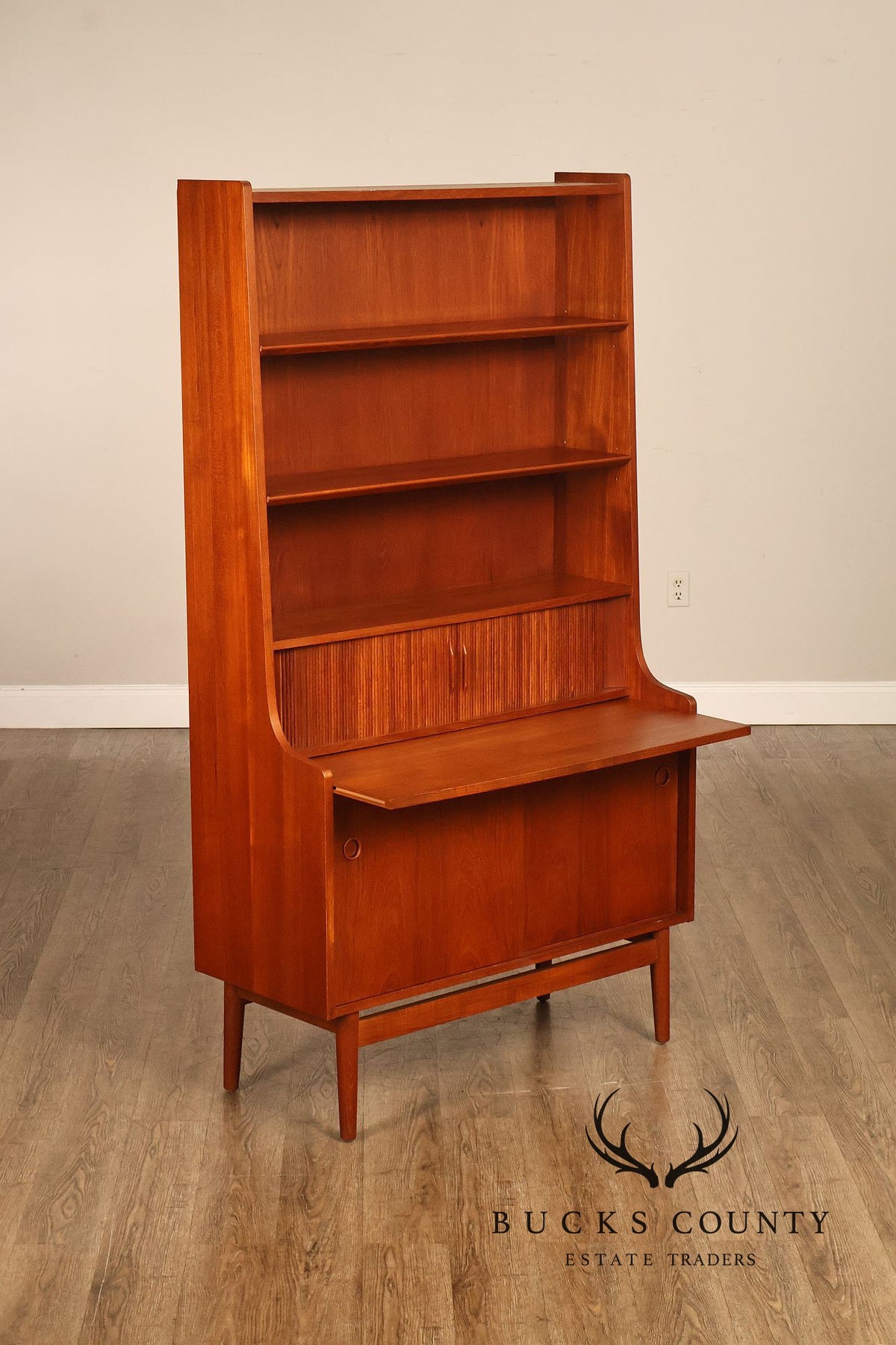 Johannes Sorth for Bornholm Mobelfabrik Danish Teak Tambour Door Secretary Desk Bookcase