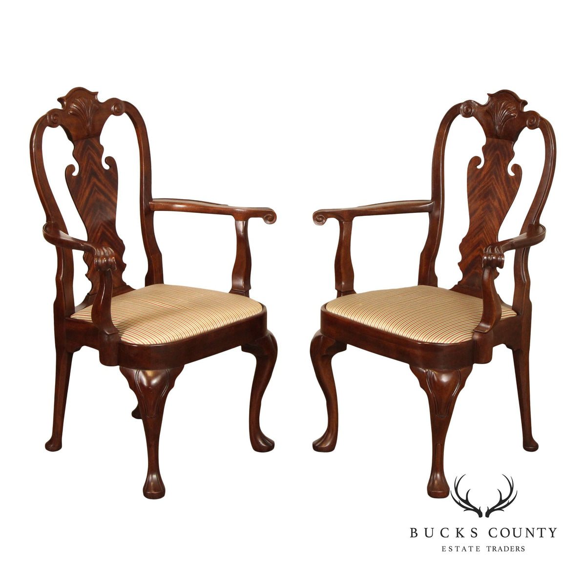 Queen Anne Style Pair of Carved Mahogany Armchairs