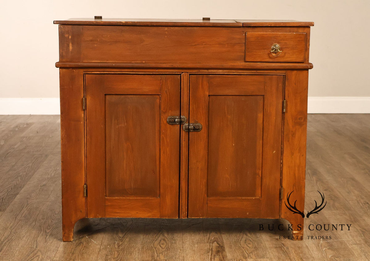 Antique Primitive Wood Dry Sink With Lift Top And Paneled Cabinet