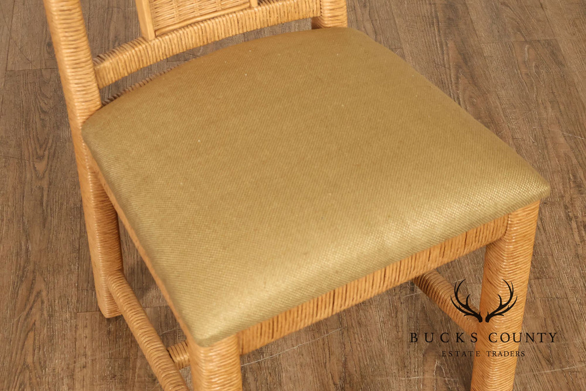 Vintage Wicker Set Of Six Dining Chairs With Upholstered Seats