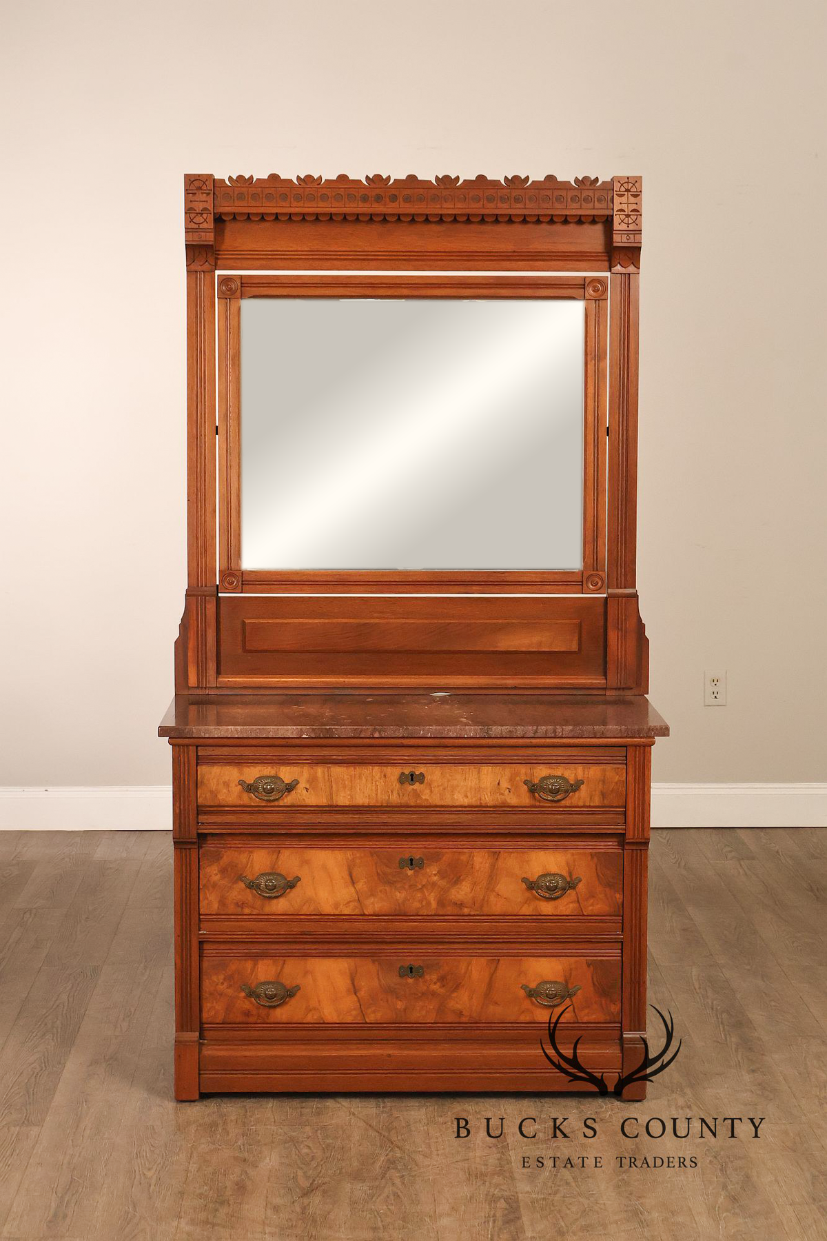 Antique Victorian Eastlake Walnut Marble Top Dresser With Mirror
