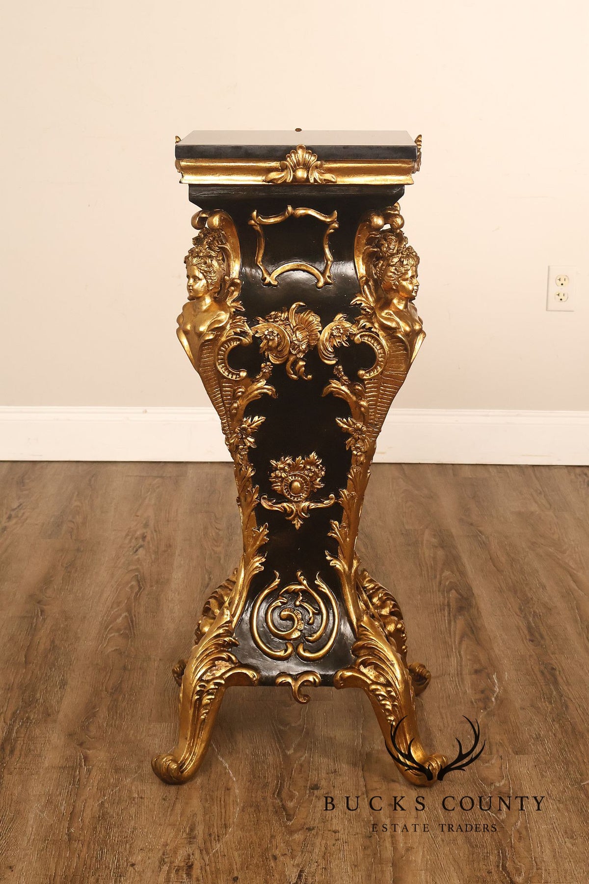 Italian Renaissance Style Pair of Slate Top Figural Carved Pedestals