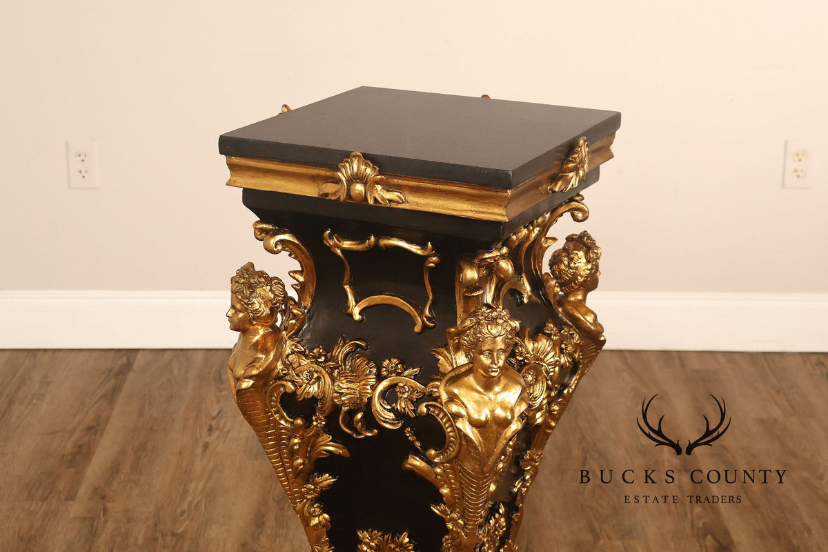 Italian Renaissance Style Pair of Slate Top Figural Carved Pedestals