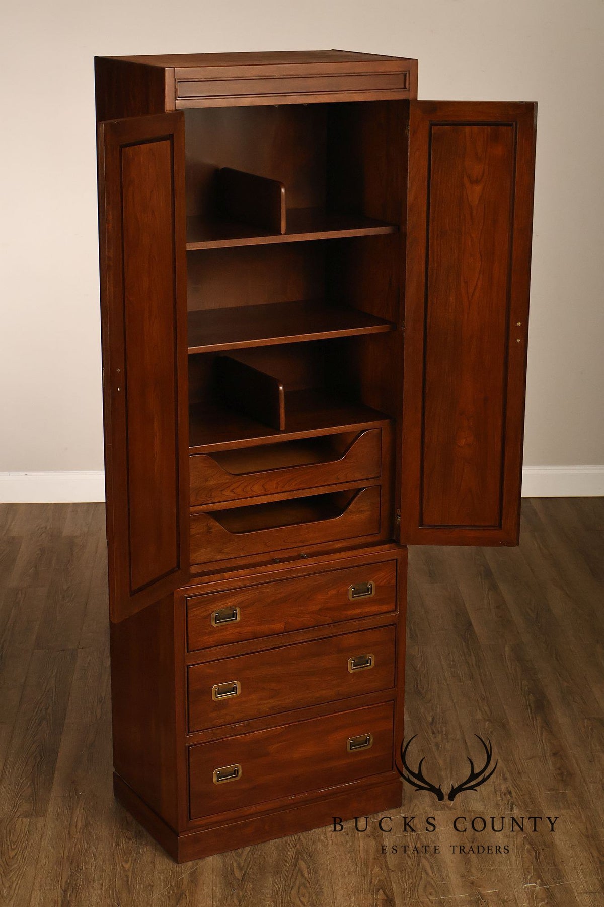 Ethan Allen Campaign Style Pair of Walnut Armoires
