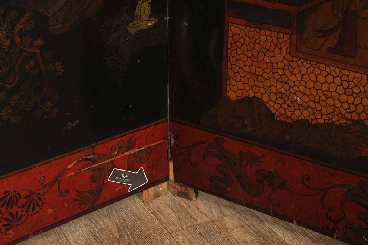 Japanese Vintage Hand Painted Folding Three-Panel Screen