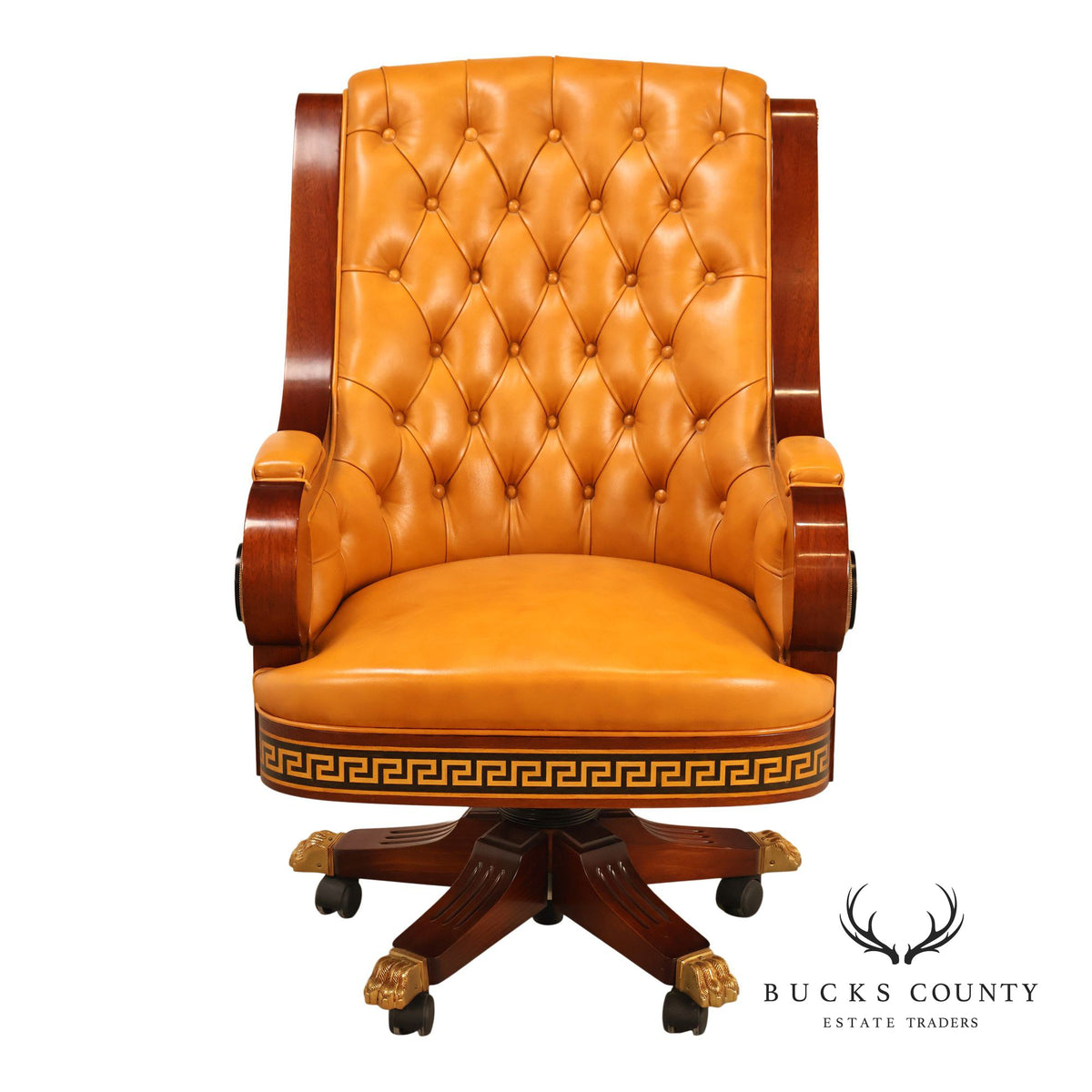 Mariner Leather Swivel Office Chair With Tufted Back And Carved Mahogany Base