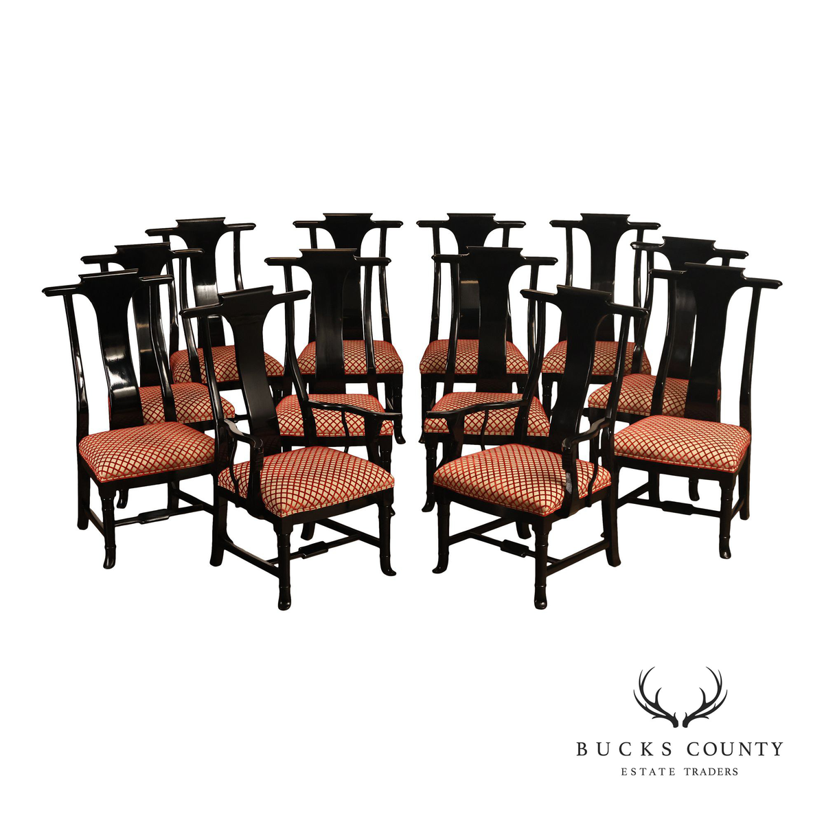 12 Custom Black Lacquered Asian Inspired Dining Chairs