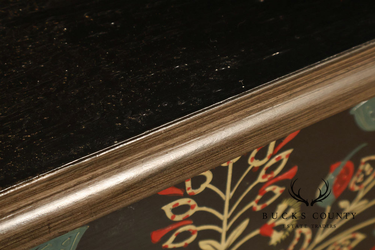 Hand Painted Black Floral Decorated Blanket Chest With Drawer
