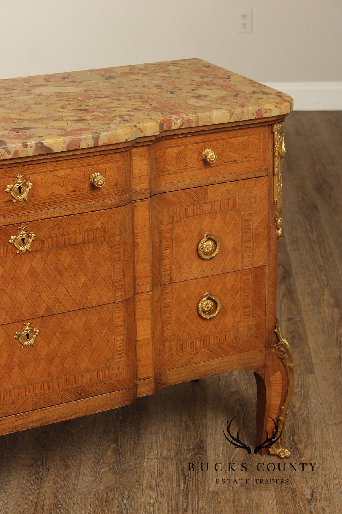 Antique French Louis XV Style Marquetry Marble Top Commode