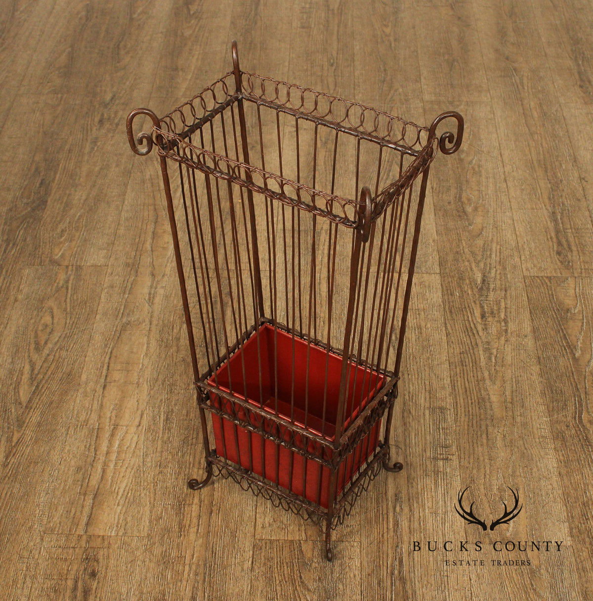 Vintage Wrought Iron Umbrella Stand with Red Liner