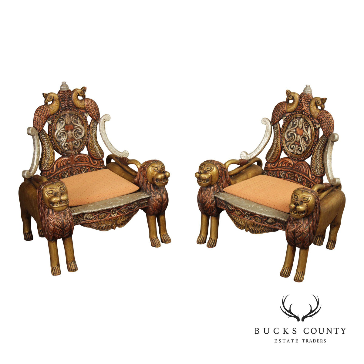 Hand Carved Painted And Gilt Lion And Peacock Motif Pair Of Throne Chairs