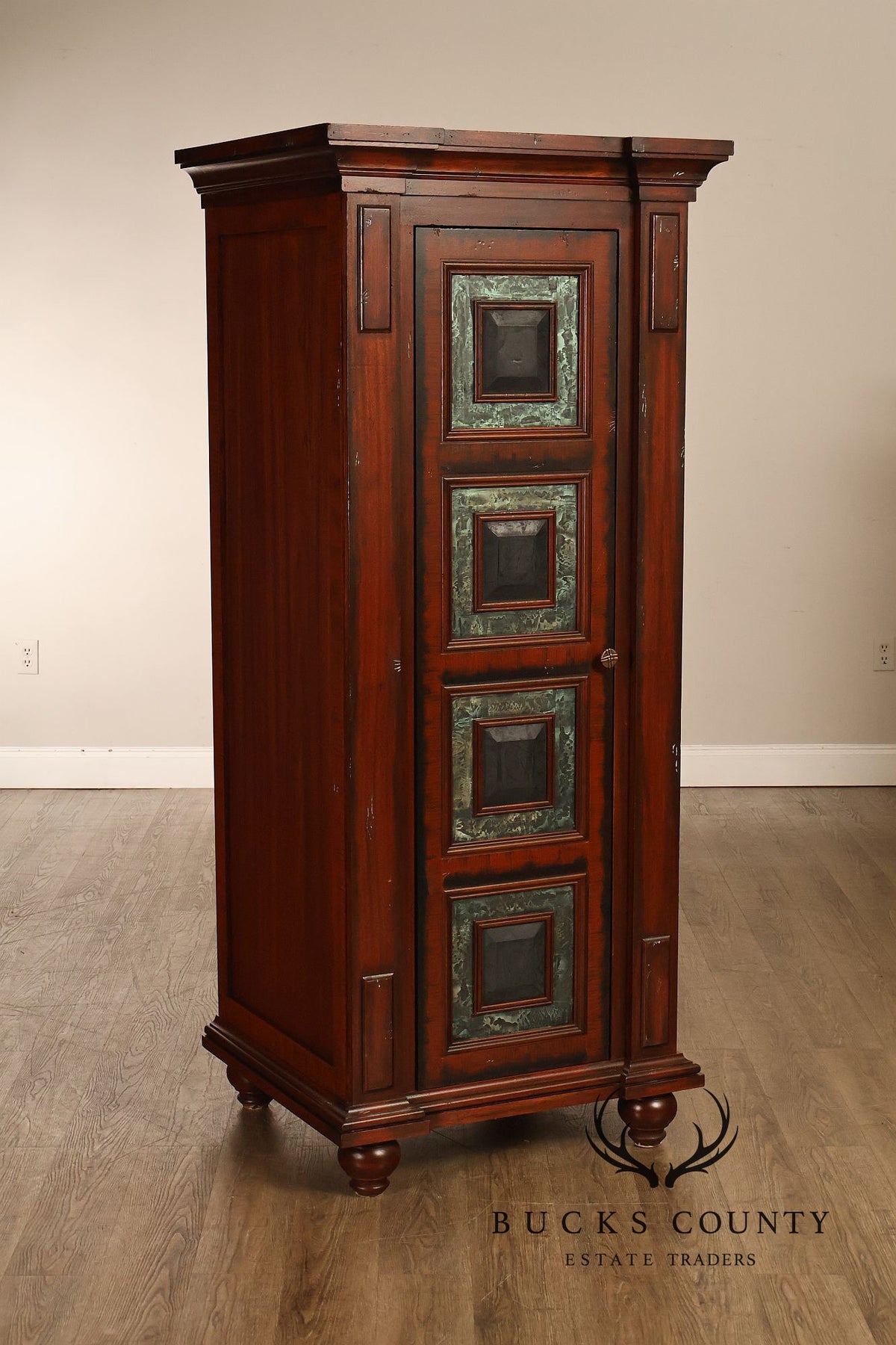 Custom Made Pair Of Custom Mahogany Cabinets With Faux Stone Inlay