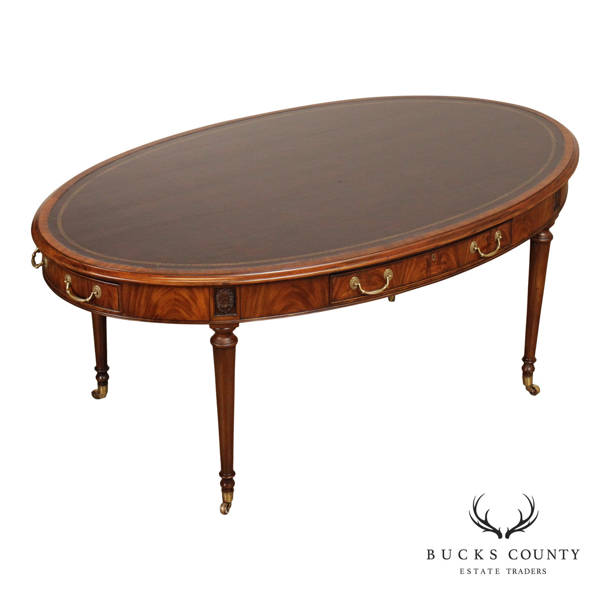 E.J. Victor Regency Style Mahogany Leather Top Oval Partners Desk Writing Table