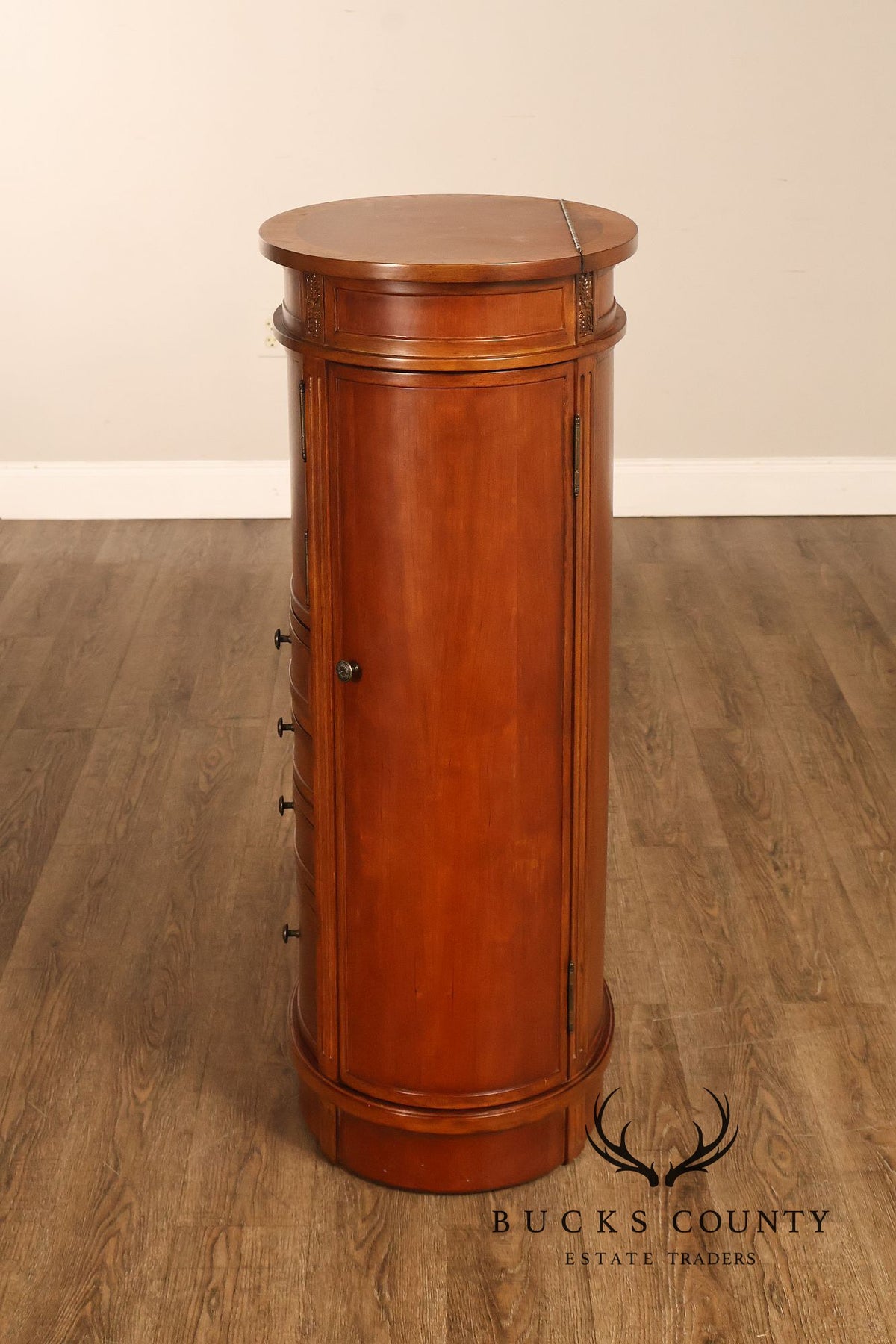 Oval Burl Wood Jewelry Armoire With Lift Top And Side Doors