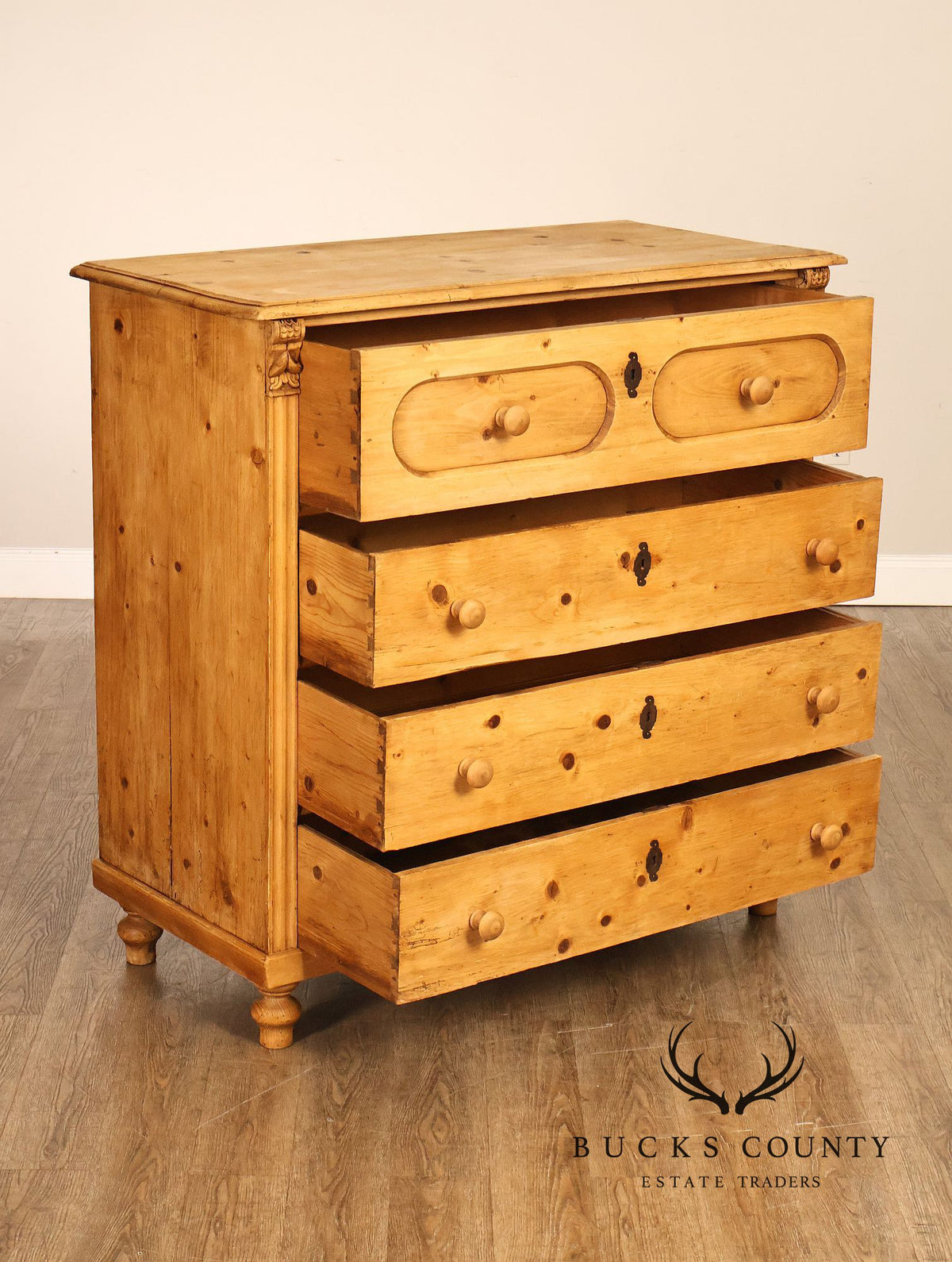 Antique Scottish Pine Chest Of Drawers Dresser With Carved Details