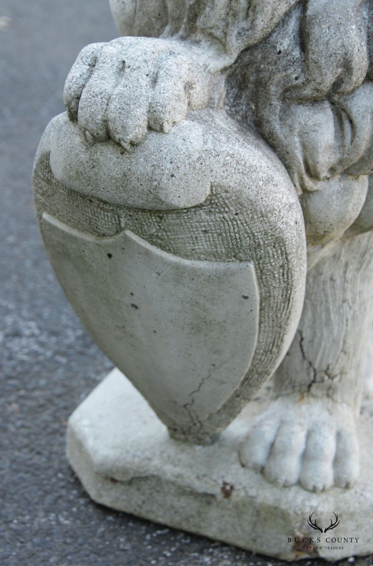Vintage Cast Stone Lion with Shield Garden Statue