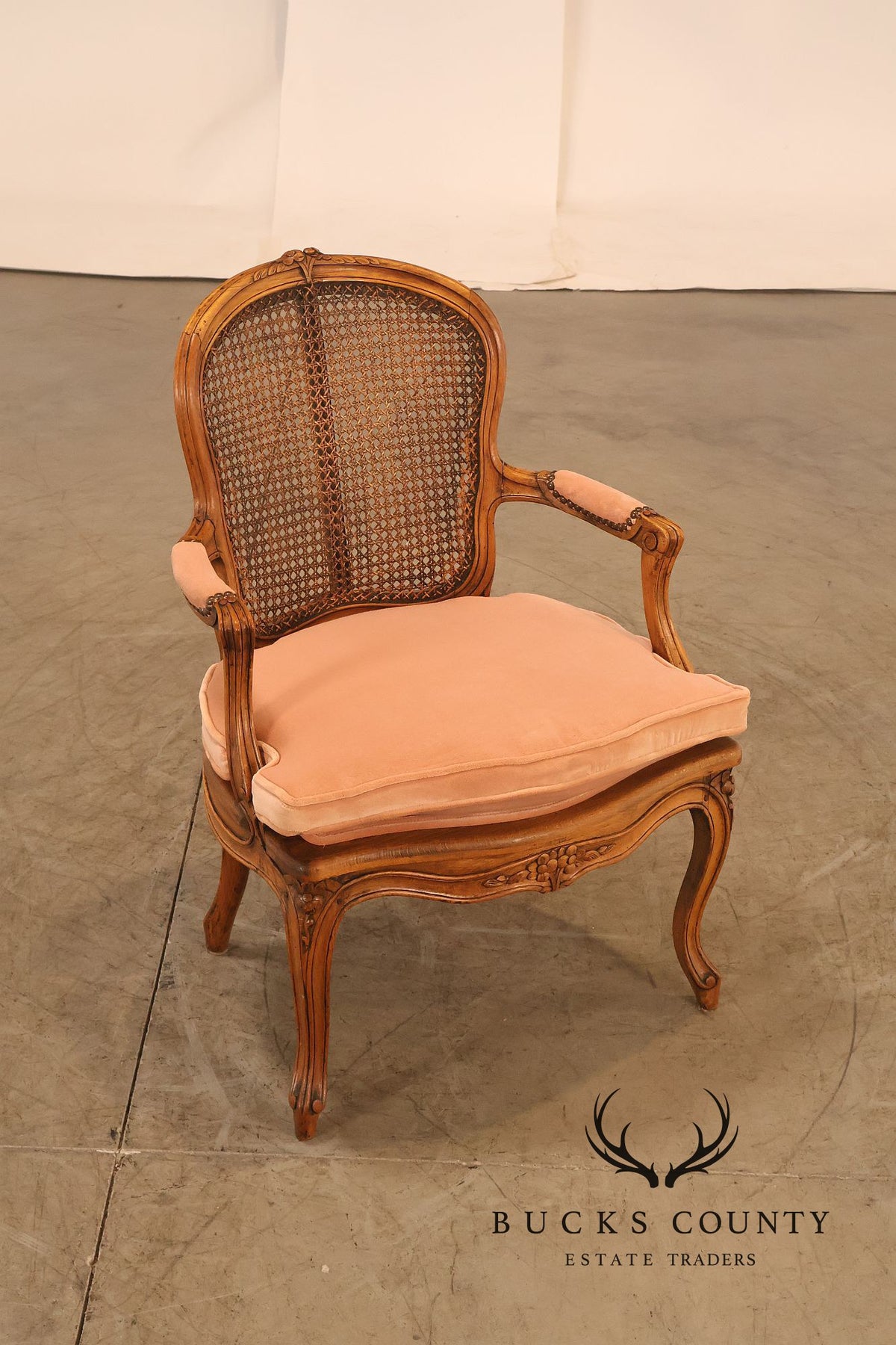 Antique French Louis XV Style Pair Of Carved Wood Caned Armchairs
