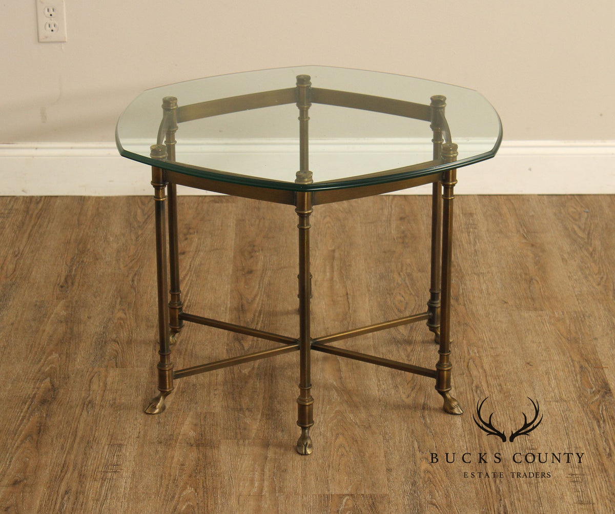 Hollywood Regency Vintage Italian Pair of Glass Top Brass Side Tables