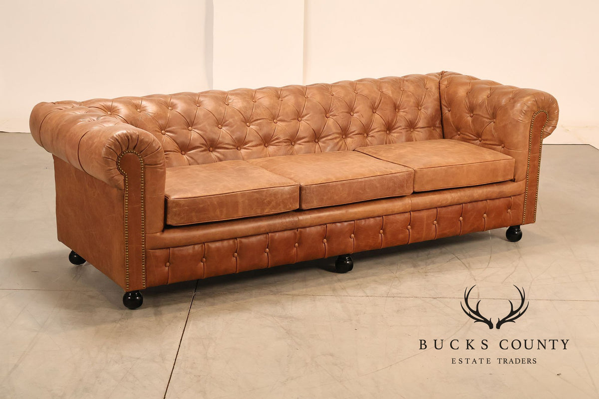 Chesterfield Style 8 Foot Distressed Brown Tufted Leather Sofa