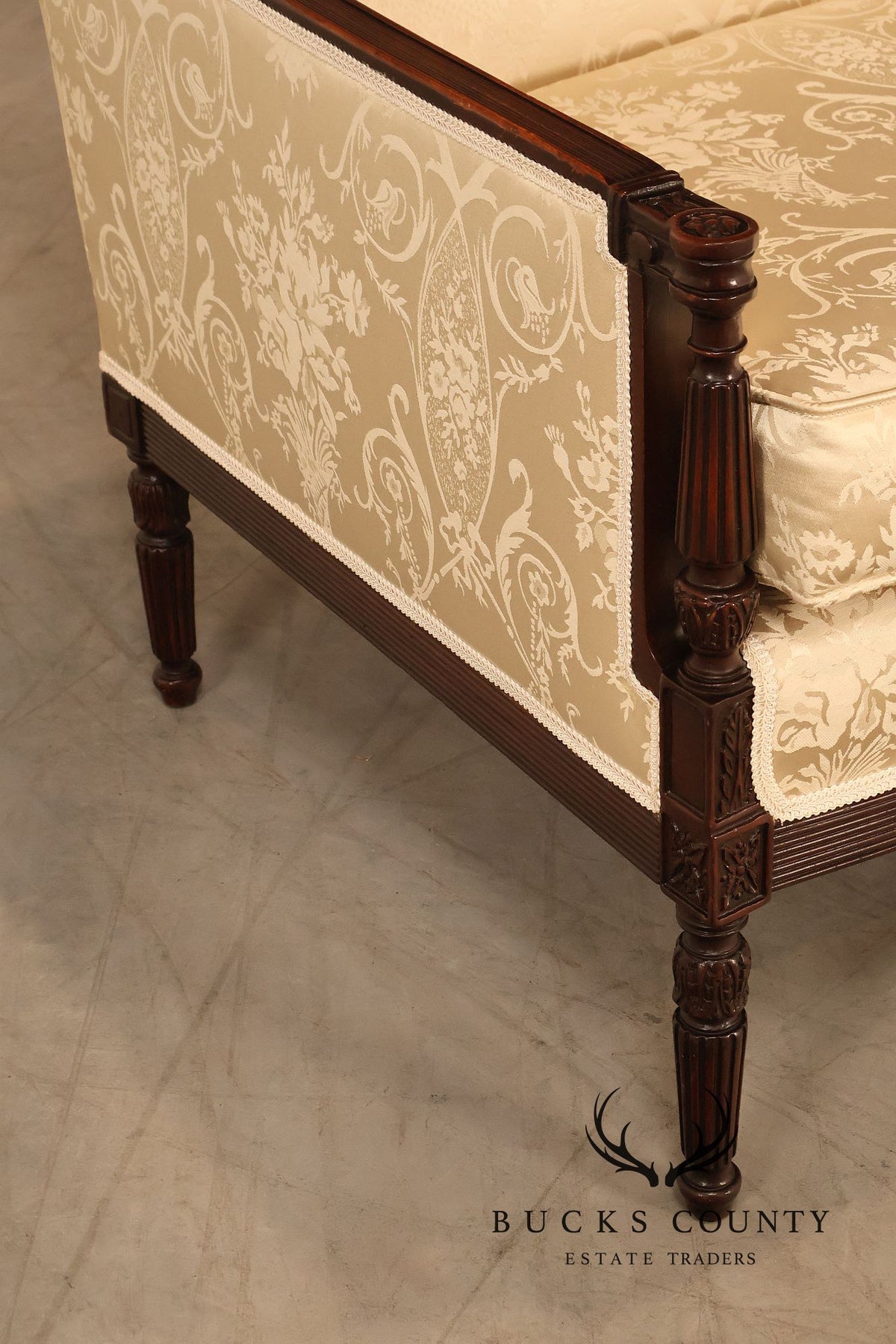 Federal Sheraton Style Upholstered Sofa With Carved Wood Frame