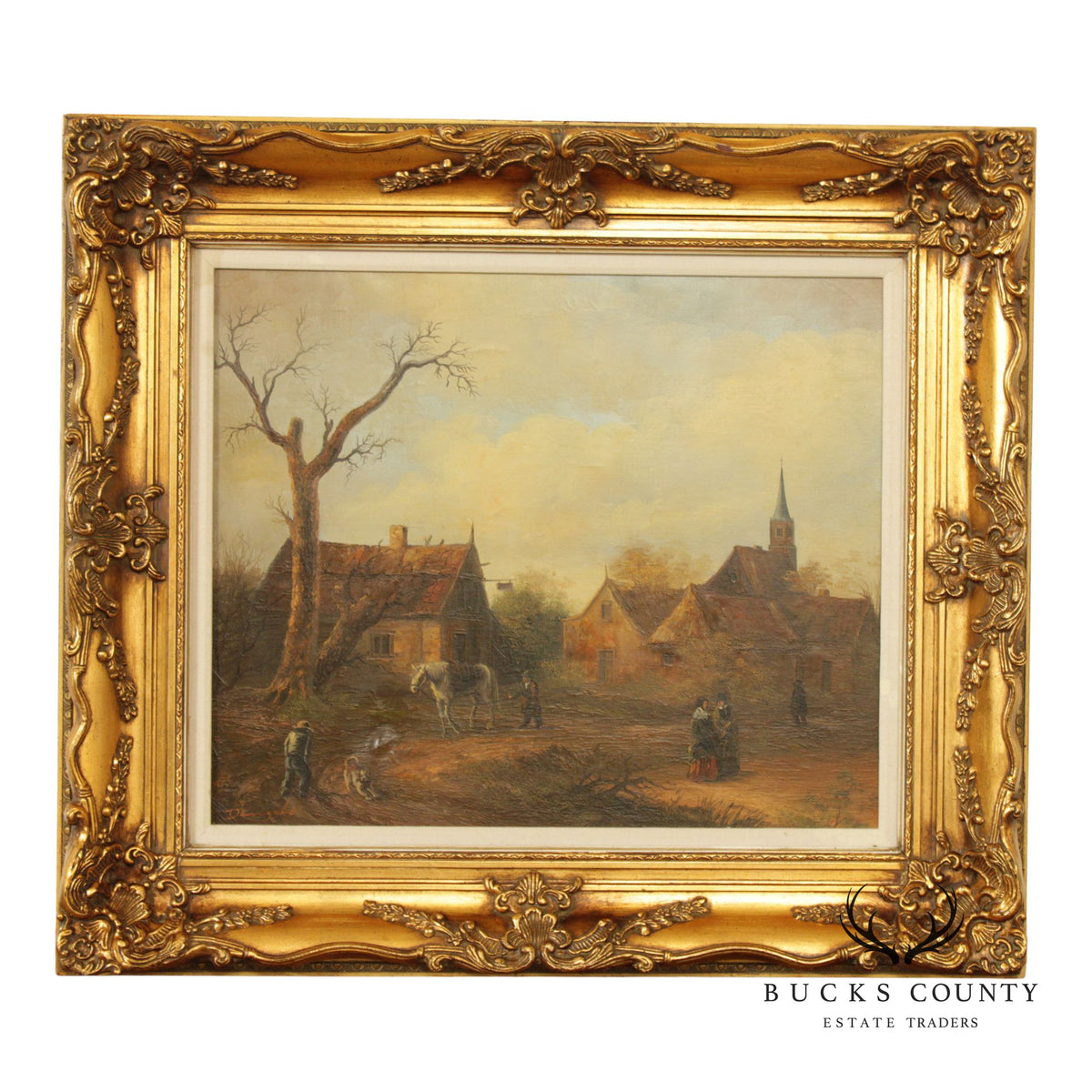 Artist Signed Genre Painting, Bucolic Village