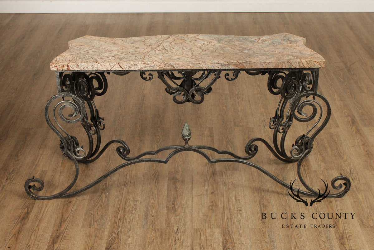 Maitland Smith Italian Rococo Style Scrolled Iron And Bronze Marble Top Console Table
