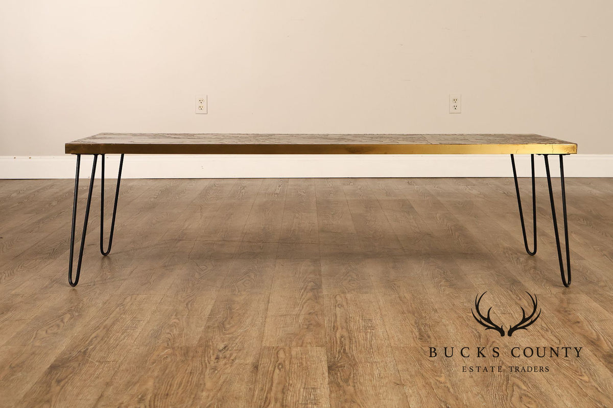 Mid Century Modern Acid Etched Brass Top Coffee Table With Hairpin Legs