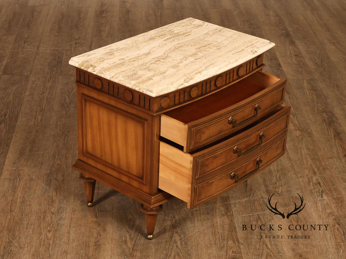 Pair Of Neoclassical Style Travertine Top Three Drawer Nightstands